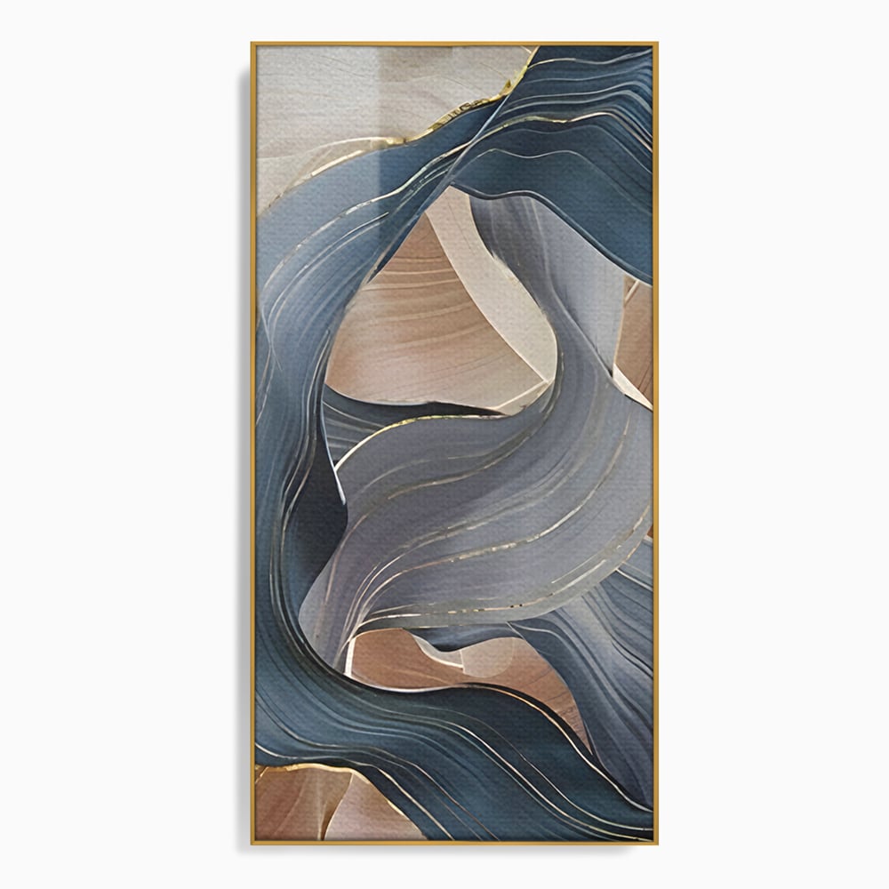 Tablou canvas cu pictura abstracta cu valuri ondulate, in rama de aluminiu auriu